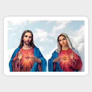 Sacred and Immaculate Hearts (Jesus and Mary) with sky background Sticker